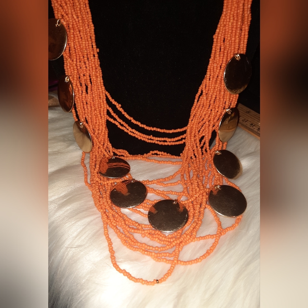 NEW burnt orange multistrand seed bead and goldtone disk necklace